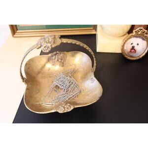 Vintage Brass Basket with Handle | Ornate Floral Detailing Catchall